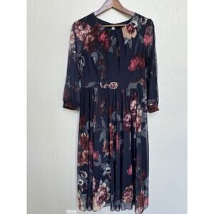 NEW Alexa B Nites sheer blue floral mesh midi dress long sleeve belt modest 10